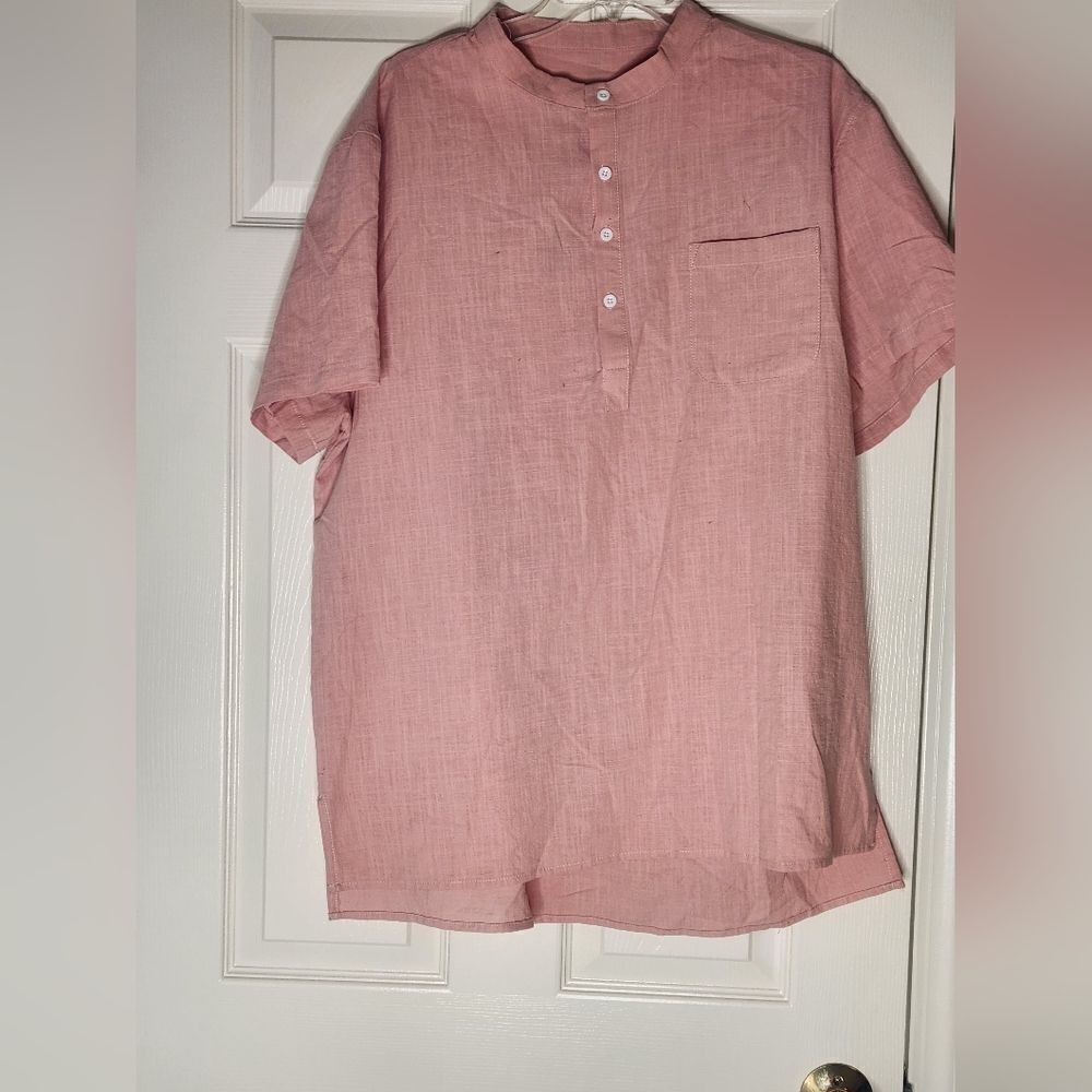 Unbranded XL Pink COTTON FLAX Pocket 1/4 Bottons Stand Collar Shrtslv Men Shirt
